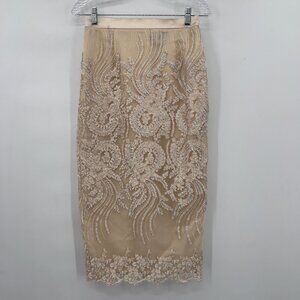 Women’s Terramina Collection  Cocktail Embroidered Lace Midi Skirt Beige Gold 8